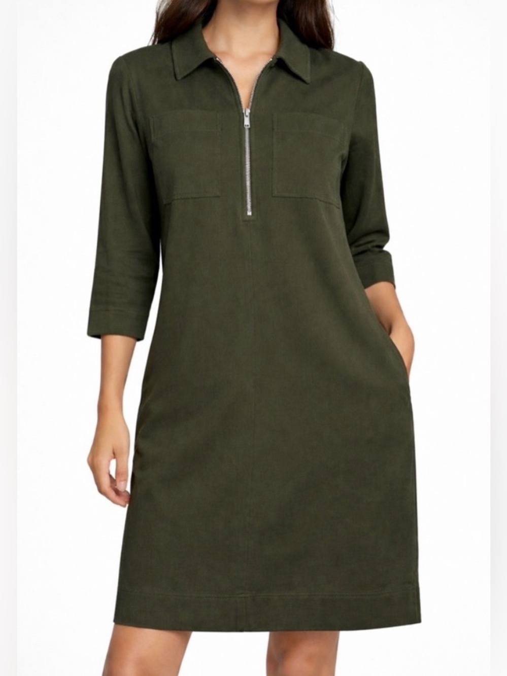 COS Olive Green Zip Front Midi Dress Lyocell US 2(A408)✨